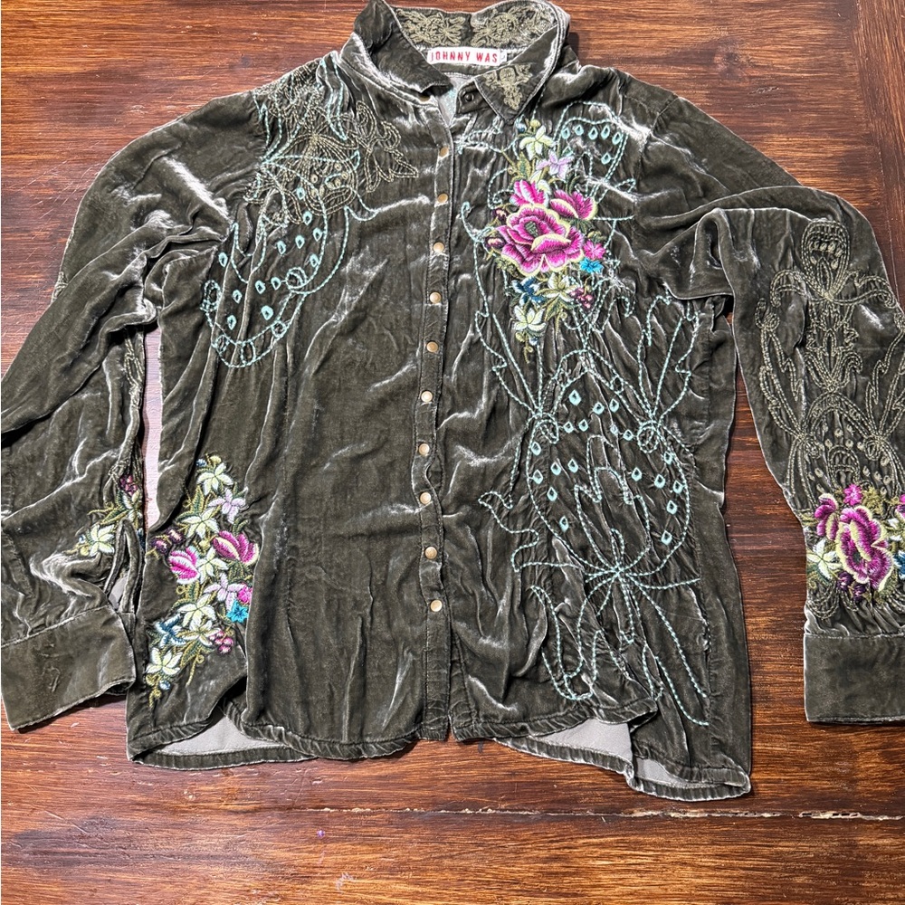 Johnny Was Olive Velvet Button-Down Shirt with Pink Floral Embroidery